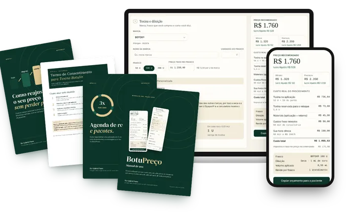 BotuPreço no computador e no celular com os 4 bônus: reajuste de preço, TCLE, agenda de reaplicação e manual