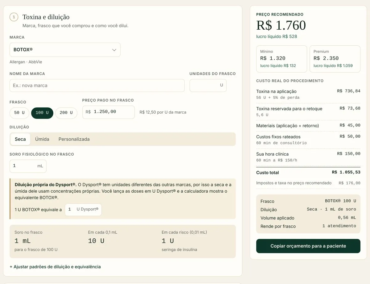 Tela do BotuPreço no computador: marca, frasco, diluição e o preço recomendado ao lado