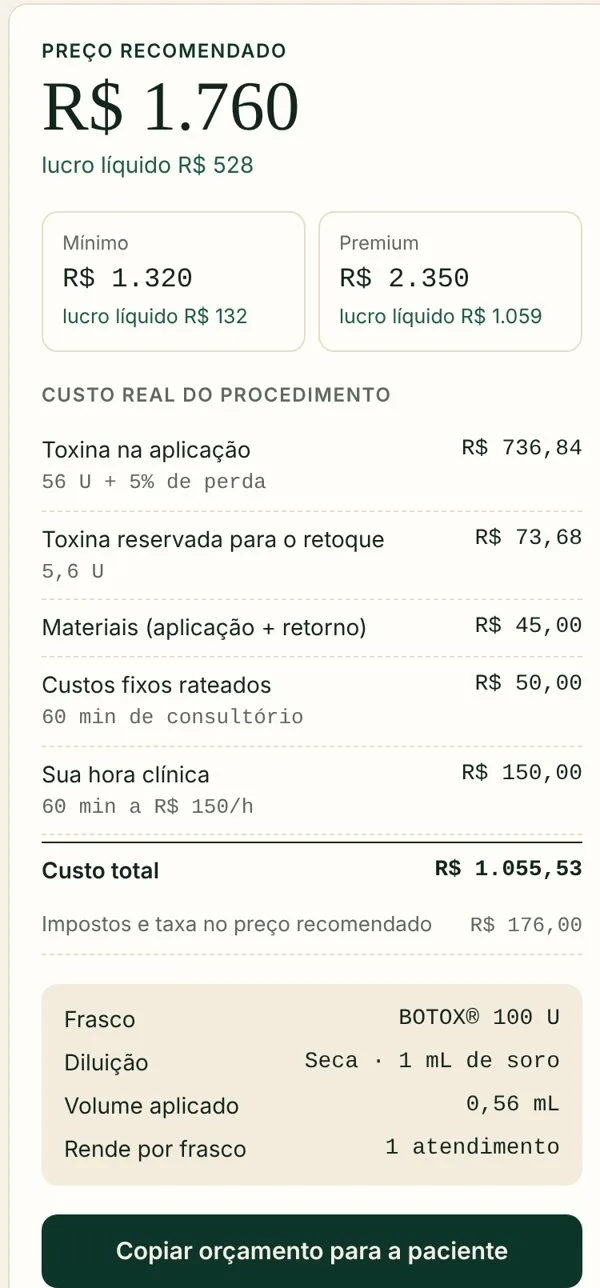 Tela do BotuPreço com preço recomendado de R$ 1.760 e custo real detalhado